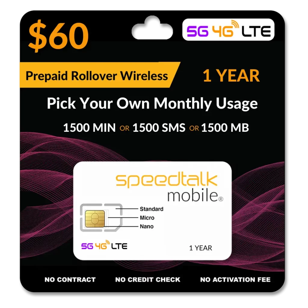 60 Rollover 1 Year Prepaid Phone Plan 1500 MIN or SMS or MB SIM Card SpeedTalk Mobile Wireless