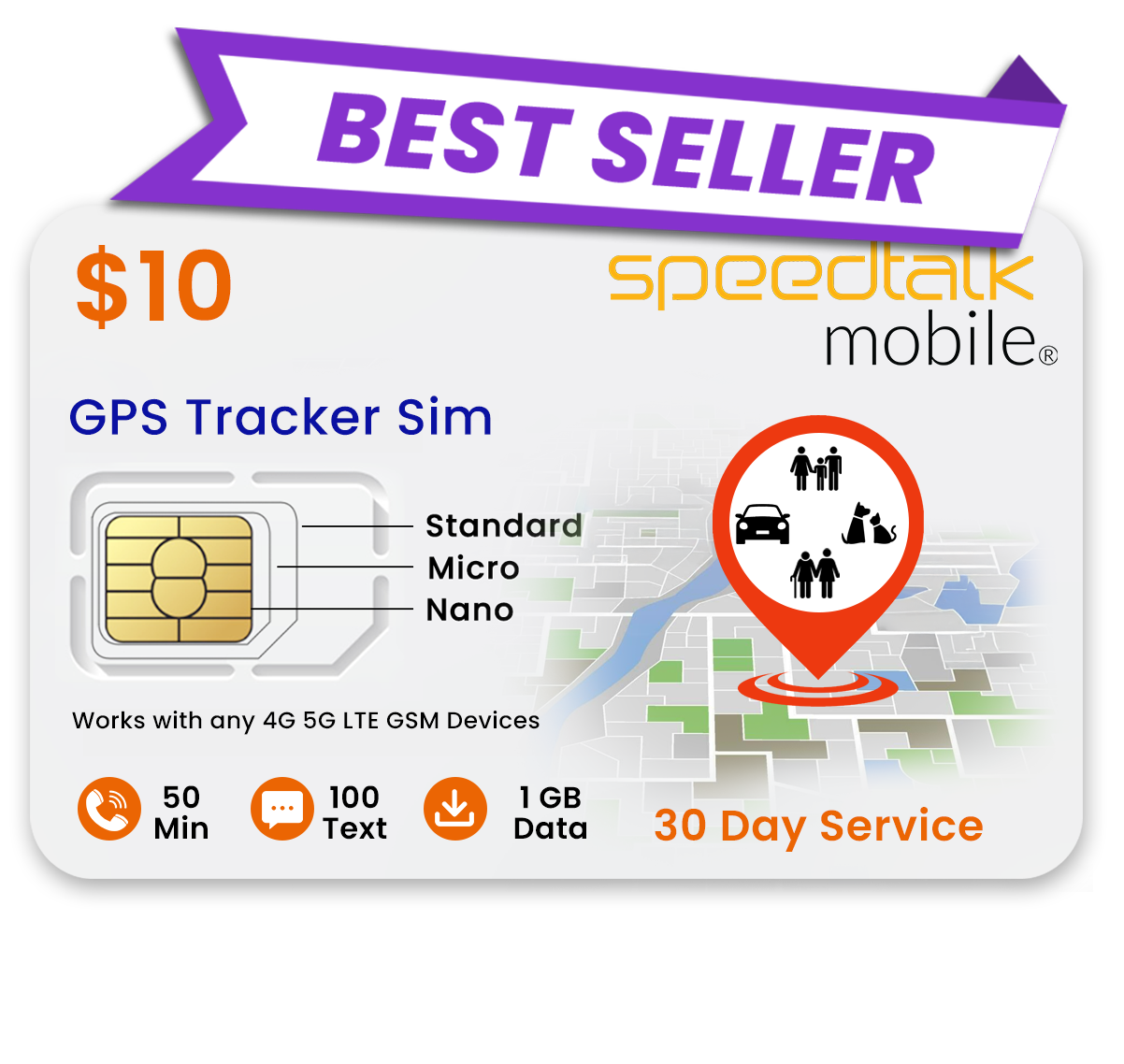 SpeedTalk Mobile $10 GPS tracker SIM card plan best seller for GPS devices and smart tracking.
