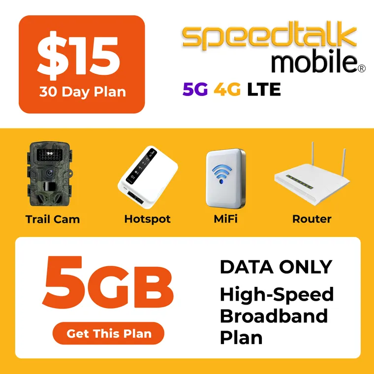 Affordable wireless broadband internet plan with 5GB high speed 5G and 4G LTE data nationwide ideal for hotspots routers tablets and IoT devices