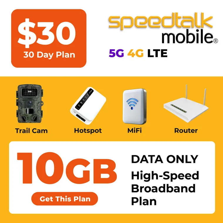 Fast wireless broadband prepaid data plan with 10GB 5G and 4G LTE nationwide connectivity for home internet mobile hotspots and business devices