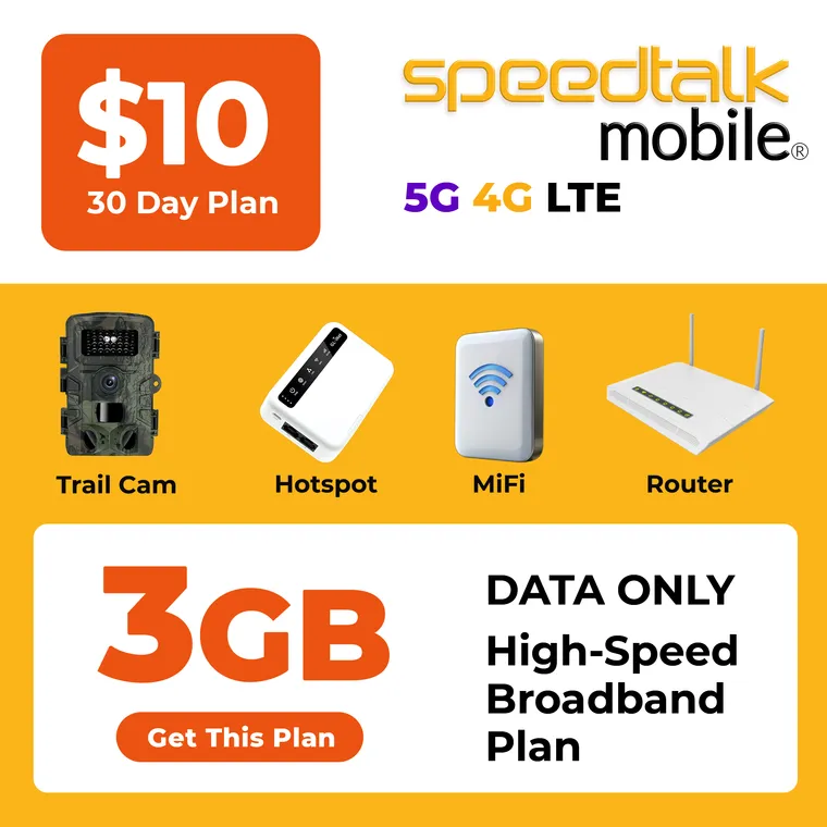 Low cost wireless broadband data plan with 3GB high speed 5G and 4G LTE coverage nationwide for hotspots tablets and connected devices by SpeedTalk Mobile