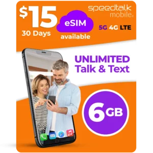 SpeedTalk Mobile $15 eSIM plan with unlimited talk and text and 6GB data for 30 days on 5G 4G LTE