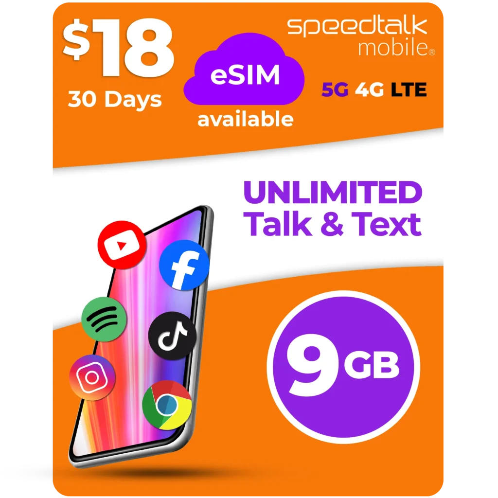 SpeedTalk Mobile $18 eSIM plan with unlimited talk and text and 9GB data for 30 days on 5G 4G LTE