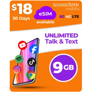 SpeedTalk Mobile $18 eSIM plan with unlimited talk and text and 9GB data for 30 days on 5G 4G LTE