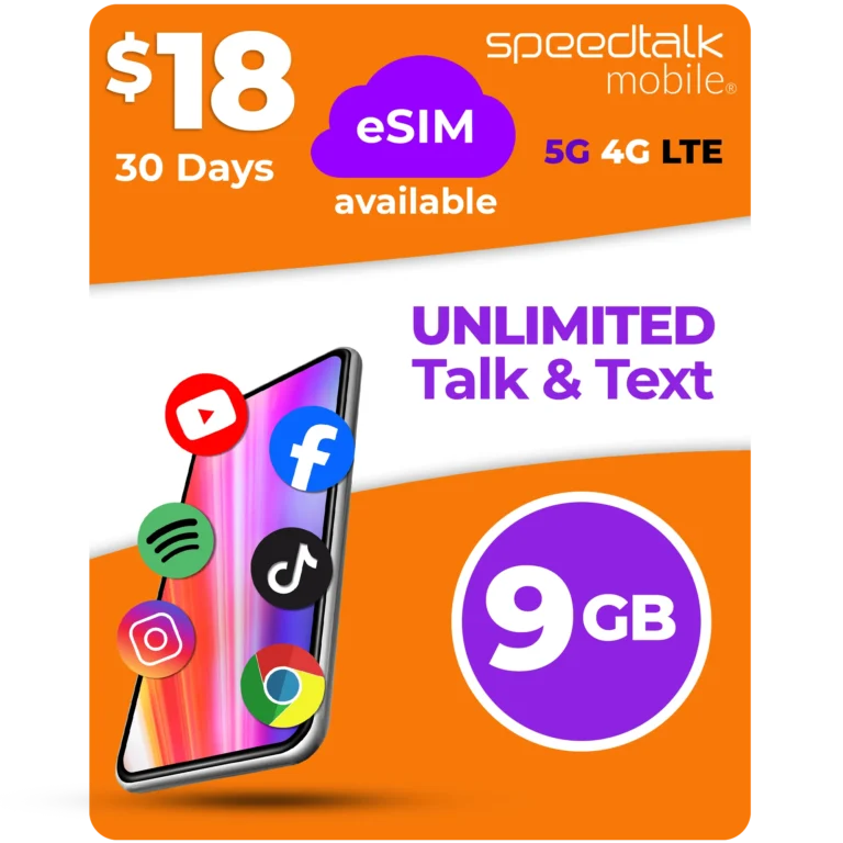 SpeedTalk Mobile $18 eSIM plan with unlimited talk and text and 9GB data for 30 days on 5G 4G LTE