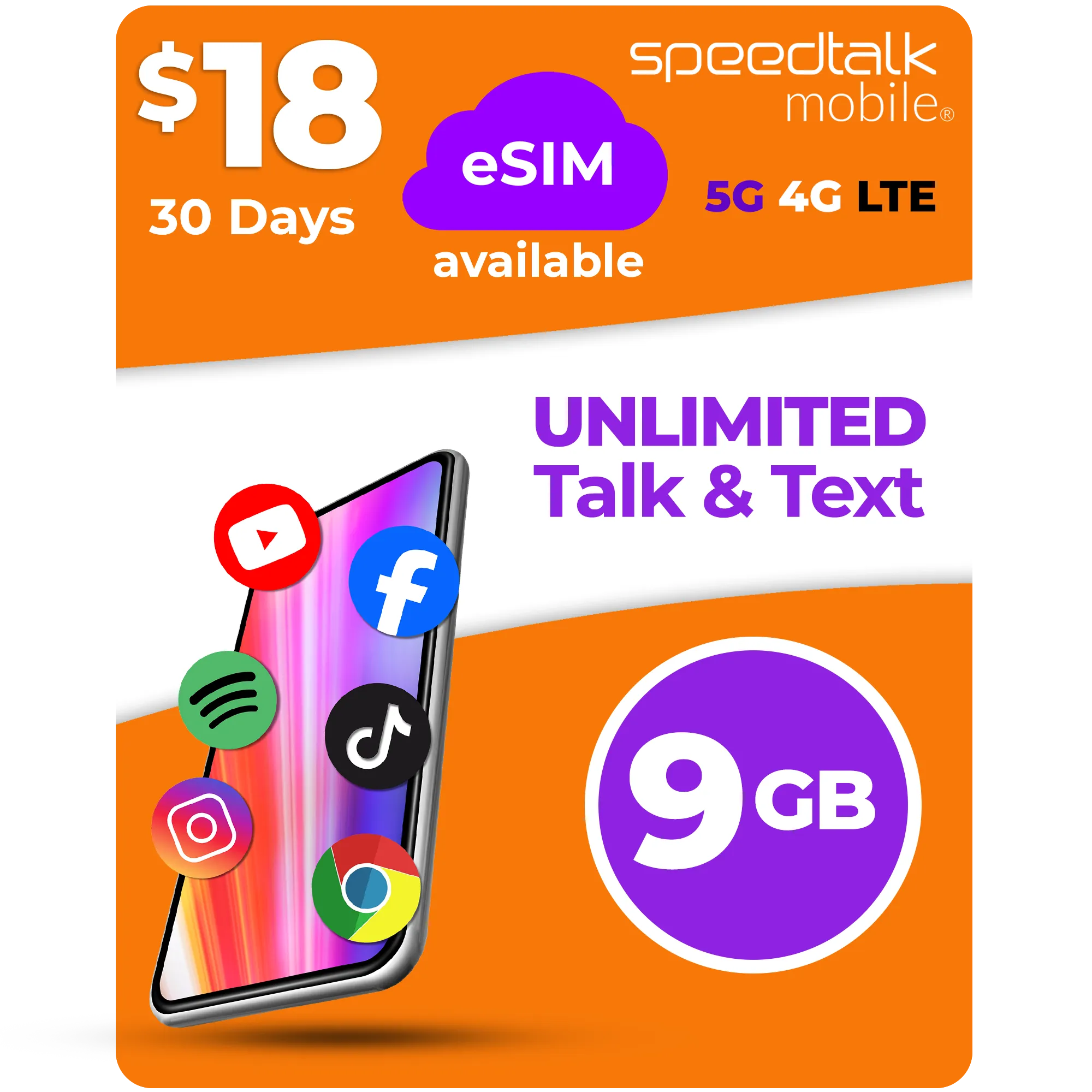 SpeedTalk Mobile $18 eSIM plan with unlimited talk and text and 9GB data for 30 days on 5G 4G LTE