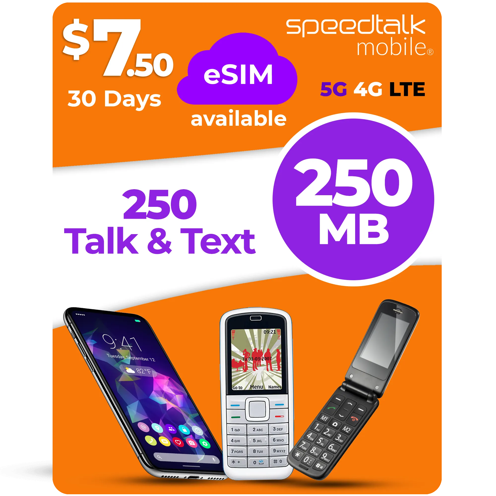 SpeedTalk Mobile $7.50 eSIM plan with 250 talk minutes, 250 texts and 250MB data for 30 days on 5G 4G LTE