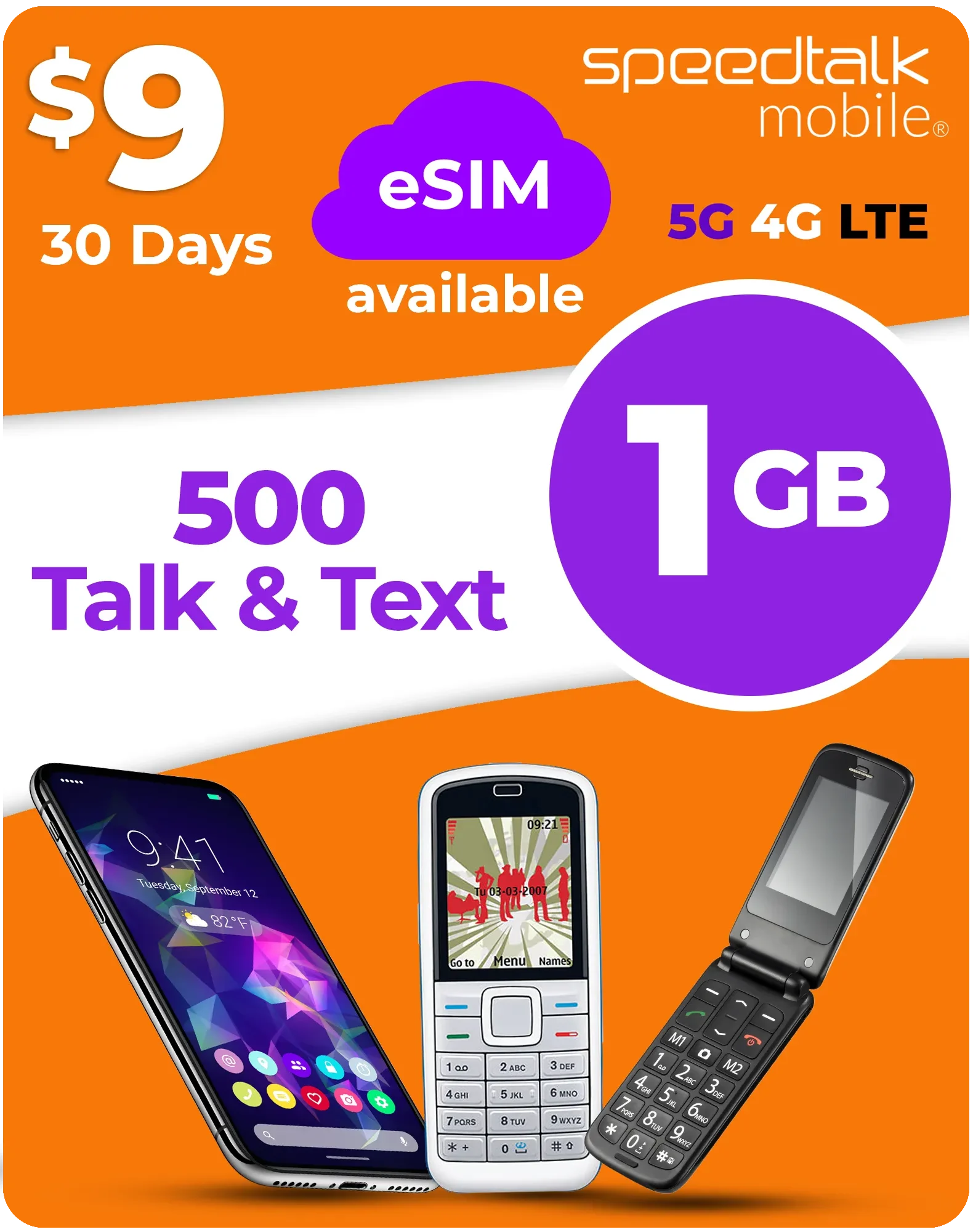 SpeedTalk Mobile $9 eSIM plan with 500 talk minutes, 500 texts and 1GB data for 30 days on 5G 4G LTE