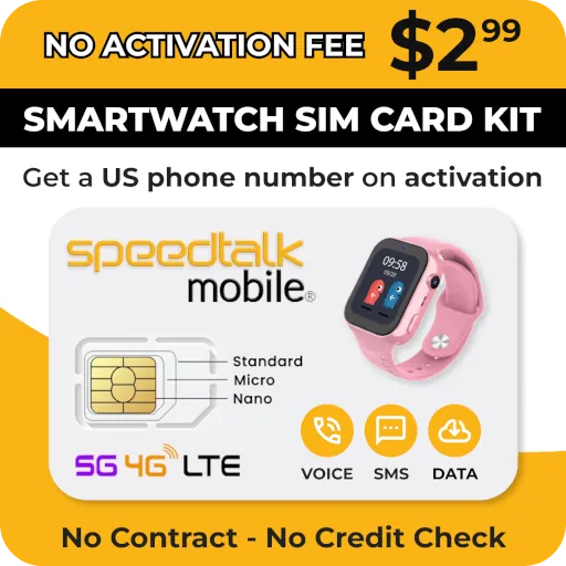 $2.99 - Smartwatch SIM Card Kit - Get a US Phone Number on activation - Voice, SMS and Data - No contract, no credit check, no activation fee