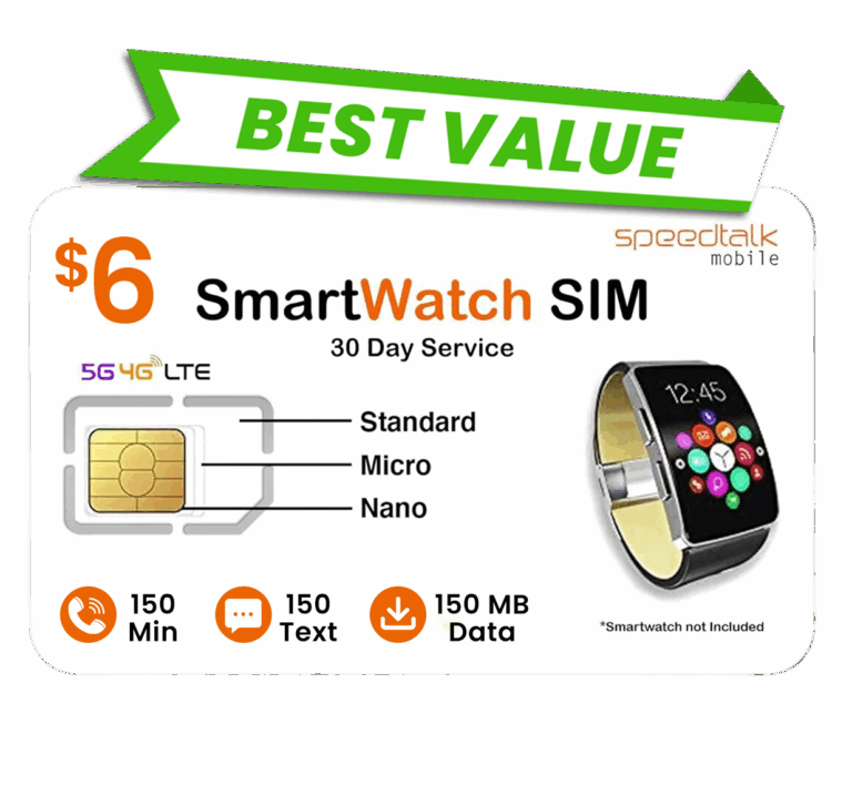 SpeedTalk Mobile SIM card for smartwatch $6 monthly prepaid plan best value option.