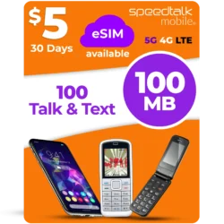 SpeedTalk Mobile $5 eSIM plan with 100 talk minutes, 100 texts and 100MB data for 30 days on 5G 4G LTE