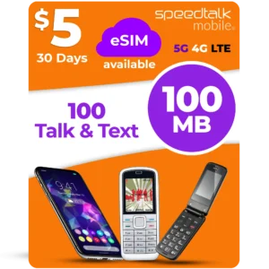SpeedTalk Mobile $5 eSIM plan with 100 talk minutes, 100 texts and 100MB data for 30 days on 5G 4G LTE
