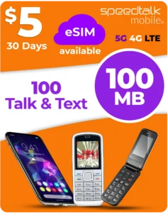 SpeedTalk Mobile $5 eSIM plan with 100 talk minutes, 100 texts and 100MB data for 30 days on 5G 4G LTE