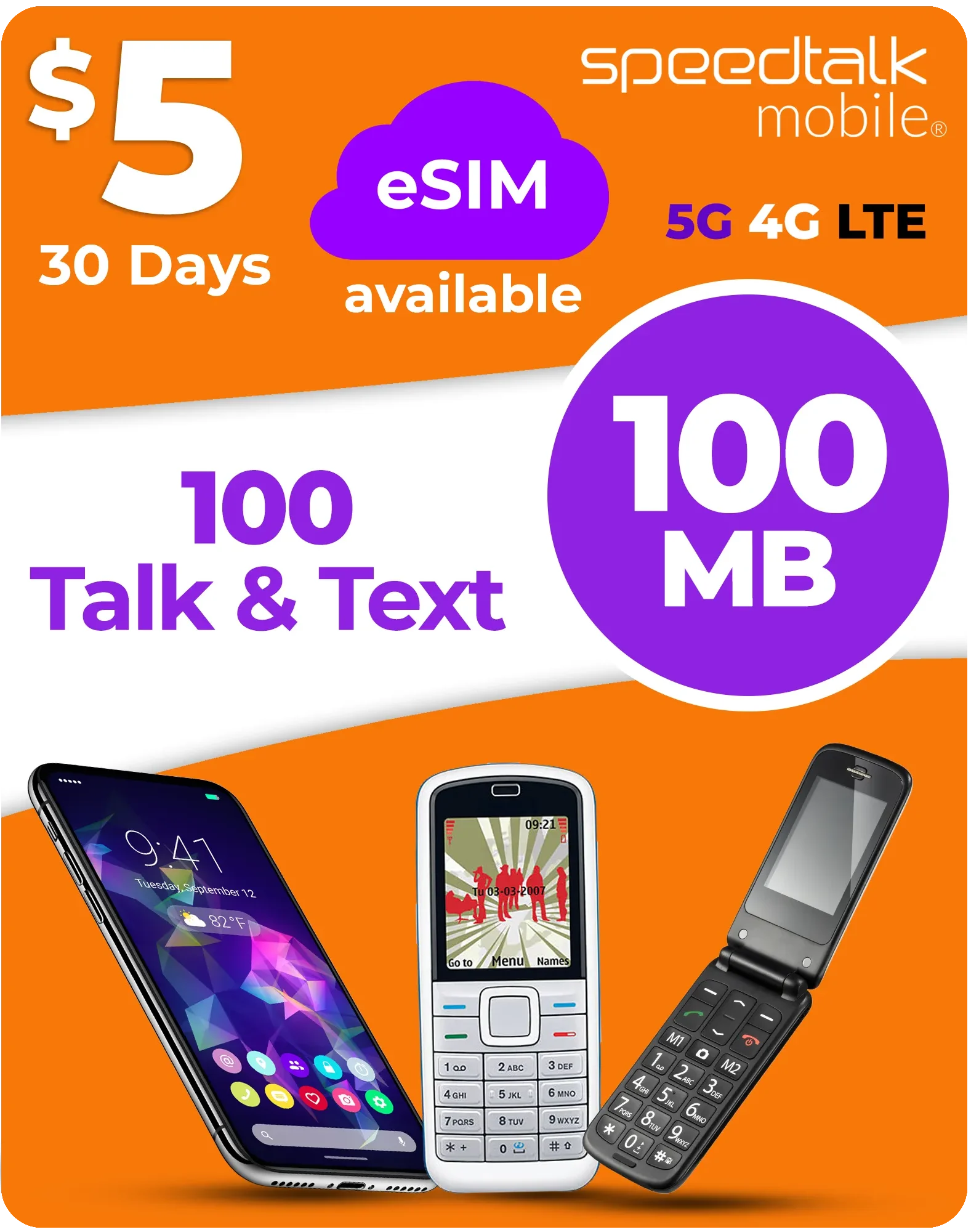 SpeedTalk Mobile $5 eSIM plan with 100 talk minutes, 100 texts and 100MB data for 30 days on 5G 4G LTE