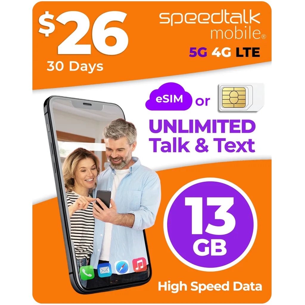 SpeedTalk Mobile $26 a Month Top Value Unlimited Talk & Text Plan with 13GB Data