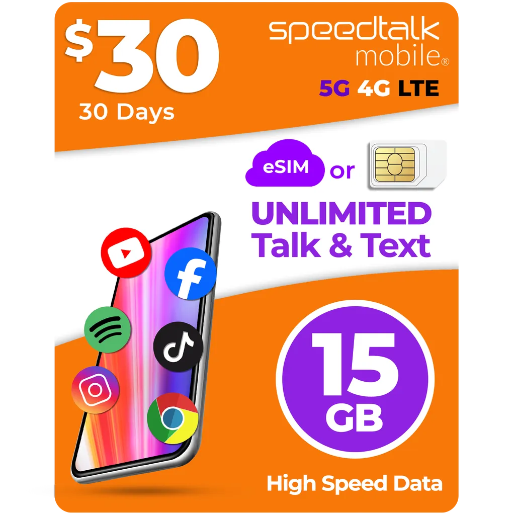 SpeedTalk Mobile $30 a Month Top Value Unlimited Talk & Text Plan with 15GB Data
