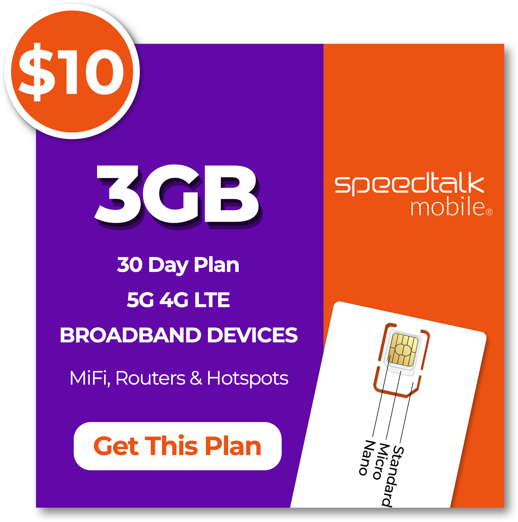 SpeedTalk Mobile $10 monthly 3GB broadband data plan valid for 30 days