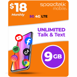 SpeedTalk Mobile $18 monthly phone plan with 9GB data and unlimited talk and text