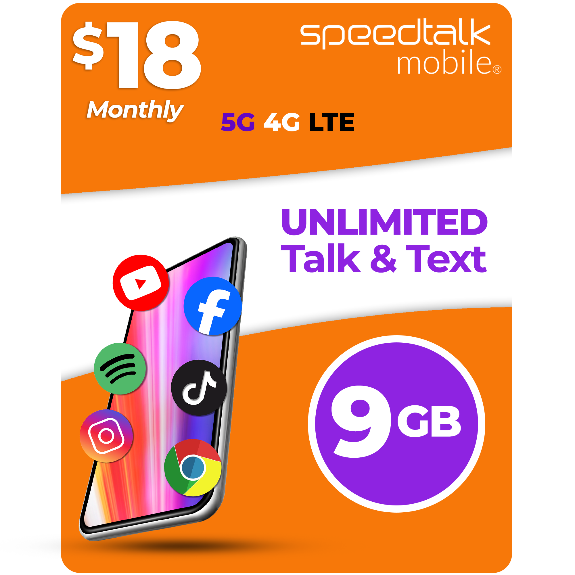 SpeedTalk Mobile $18 monthly phone plan with 9GB data and unlimited talk and text