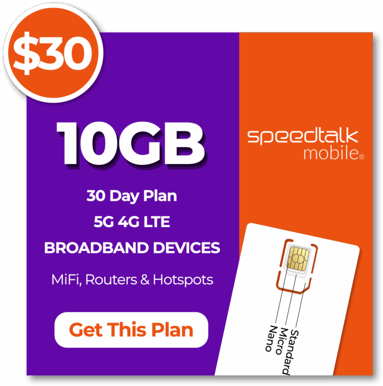 SpeedTalk Mobile $30 monthly 10GB broadband data plan valid for 30 days