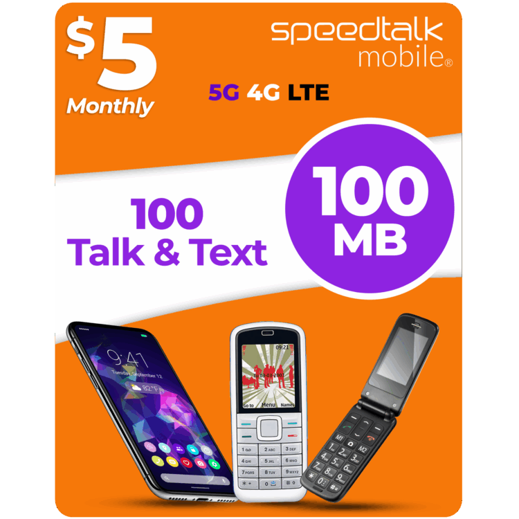 SpeedTalk Mobile $5 monthly cell phone plan with 100MB data, 100 minutes talk, and 100 text messages