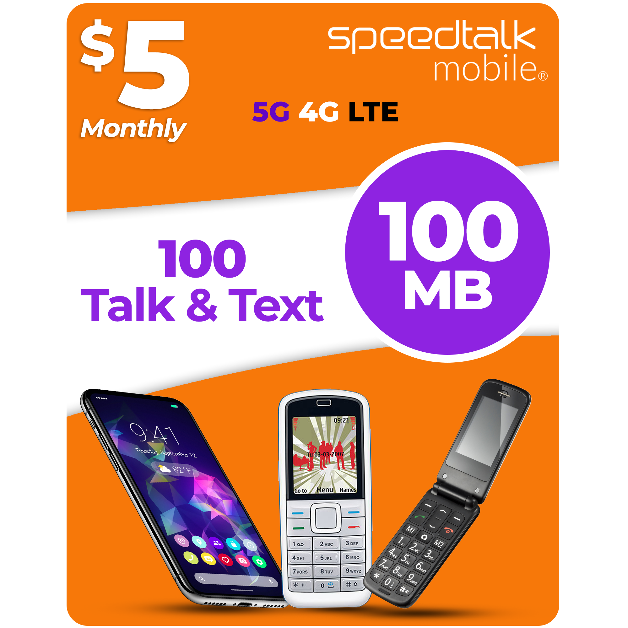 SpeedTalk Mobile $5 monthly cell phone plan with 100MB data, 100 minutes talk, and 100 text messages