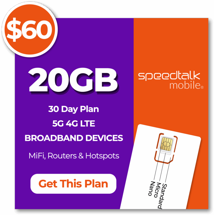 SpeedTalk Mobile $60 monthly 20GB broadband data plan valid for 30 days