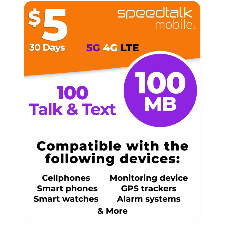 SpeedTalk Mobile $5 Top Value Plan with 100 Talk and Text, 100MB Data, 5G 4G LTE coverage – compatible with cellphones, smartwatches, GPS trackers, and monitoring devices.