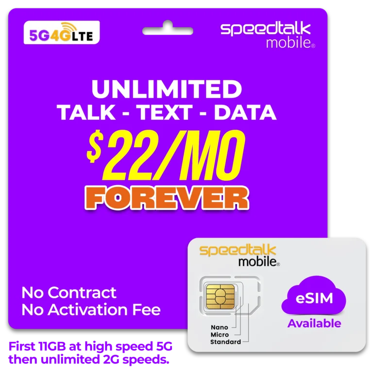 Unlimited talk text data plan $22 per month with 11GB high speed 5G no contract prepaid SIM and eSIM supported