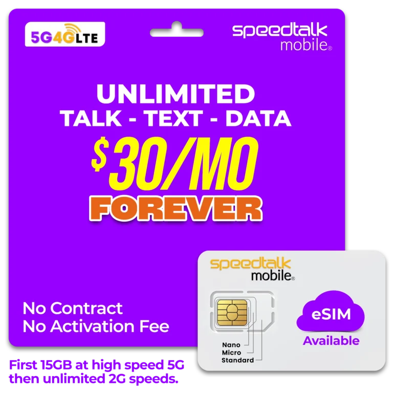 Unlimited talk text data plan $30 per month with 15GB high speed 5G no contract no activation fee prepaid SIM and eSIM available
