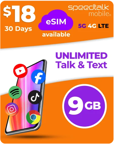$18 no contract mobile phone plan with 9GB 5G and 4G LTE data, unlimited texting and calling, perfect for streaming social media apps on a low cost smartphone plan