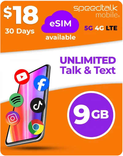 $18 no contract mobile phone plan with 9GB 5G and 4G LTE data, unlimited texting and calling, perfect for streaming social media apps on a low cost smartphone plan