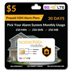 $5 Prepaid GSM Alarm Plan 250 Min or 250 Text or 250 MB Data for 30 Days