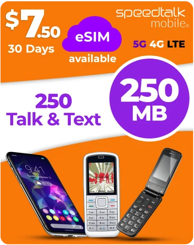 $7.50 monthly wireless plan featuring 250MB data and flexible talk and text options, low cost BYOP SIM plan for unlocked phones with easy number transfer.
