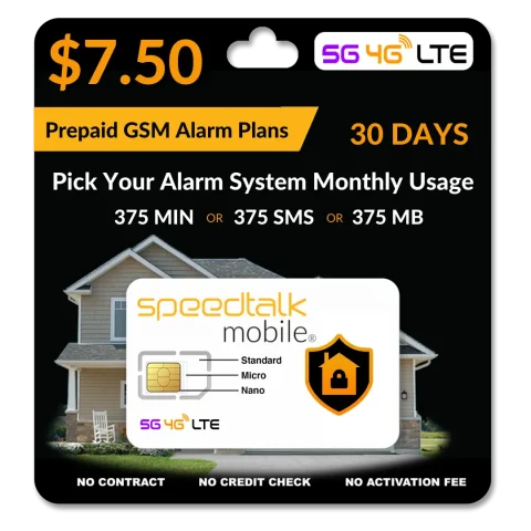 $7.50 Prepaid GSM Alarm Plan 375 Min or 375 Text or 375 MB Data for 30 Days
