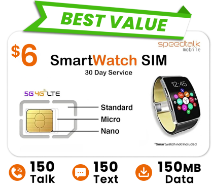 SpeedTalk Mobile SIM card for smartwatch $6 monthly prepaid plan best value option.