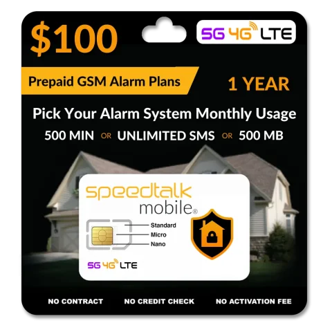$100 Prepaid GSM Alarm Plan 500 Min or Unlimited SMS or 500 MB Data for 1 Year