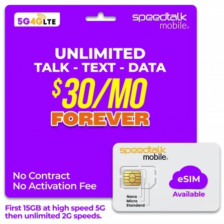 Unlimited talk text data plan $30 per month with 15GB high speed 5G no contract no activation fee prepaid SIM and eSIM available