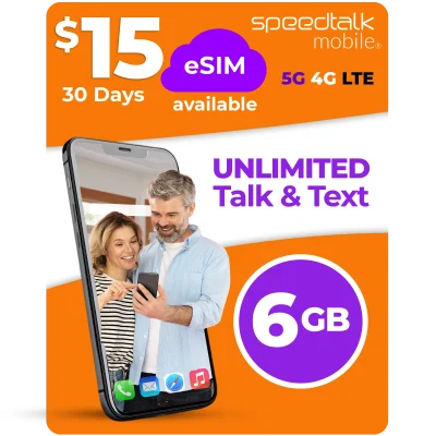 SpeedTalk Mobile $15 eSIM plan with unlimited talk and text and 6GB data for 30 days on 5G 4G LTE