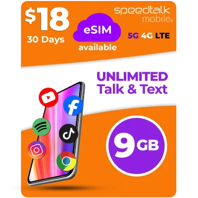SpeedTalk Mobile $18 eSIM plan with unlimited talk and text and 9GB data for 30 days on 5G 4G LTE