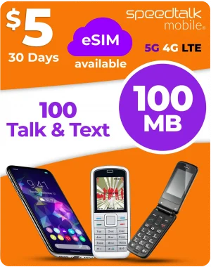 SpeedTalk Mobile $5 eSIM plan with 100 talk minutes, 100 texts and 100MB data for 30 days on 5G 4G LTE
