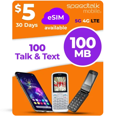 SpeedTalk Mobile $5 eSIM plan with 100 talk minutes, 100 texts and 100MB data for 30 days on 5G 4G LTE