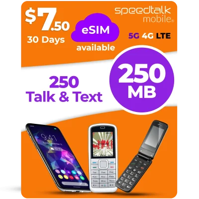 SpeedTalk Mobile $7.50 eSIM plan with 250 talk minutes, 250 texts and 250MB data for 30 days on 5G 4G LTE