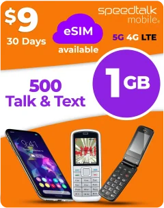 SpeedTalk Mobile $9 eSIM plan with 500 talk minutes, 500 texts and 1GB data for 30 days on 5G 4G LTE