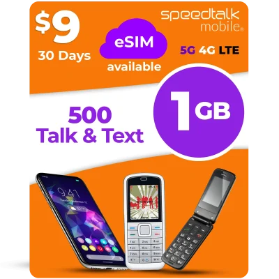 SpeedTalk Mobile $9 eSIM plan with 500 talk minutes, 500 texts and 1GB data for 30 days on 5G 4G LTE