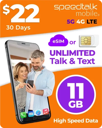 $22 prepaid phone plan with 11GB data and unlimited talk and text, affordable SIM card plan for unlocked smartphones with bring your own phone compatibility and cancel anytime flexibility.