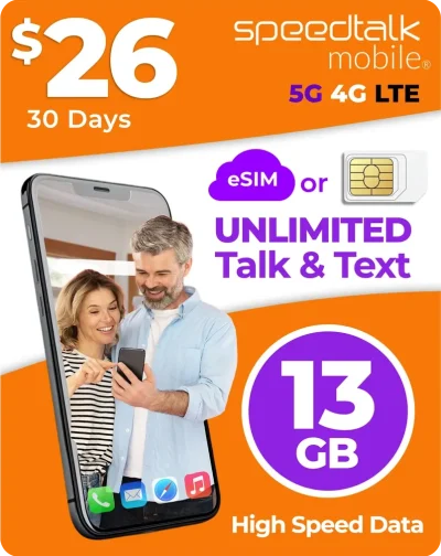 $26 wireless plan including 13GB high speed data plus unlimited nationwide talk and text, budget friendly prepaid mobile service ideal for iPhone and Android devices.