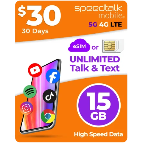 SpeedTalk Mobile $30 a Month Top Value Unlimited Talk & Text Plan with 15GB Data