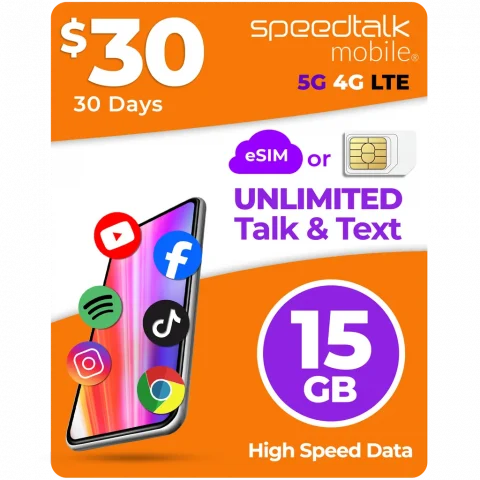SpeedTalk Mobile $30 a Month Top Value Unlimited Talk & Text Plan with 15GB Data