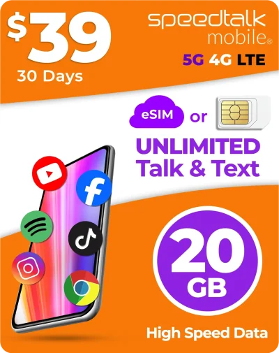 $39 premium prepaid SIM card plan with 20GB data and essential nationwide talk and text service, high-capacity mobile phone plan option for heavy users and primary devices.